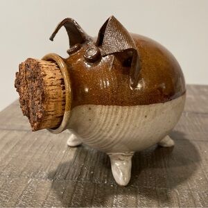 Vintage Glazed Studio Pottery Piggy Bank with Cork Stopper Nose “Corky”